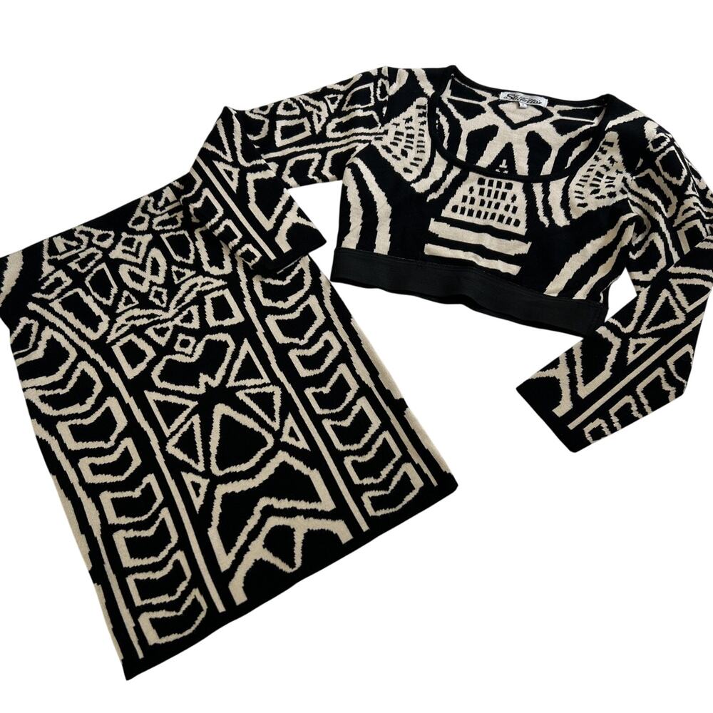 Stilettos 2-Piece Set Skirt & Crop Top Womens Small S Black Aztec Print Knit